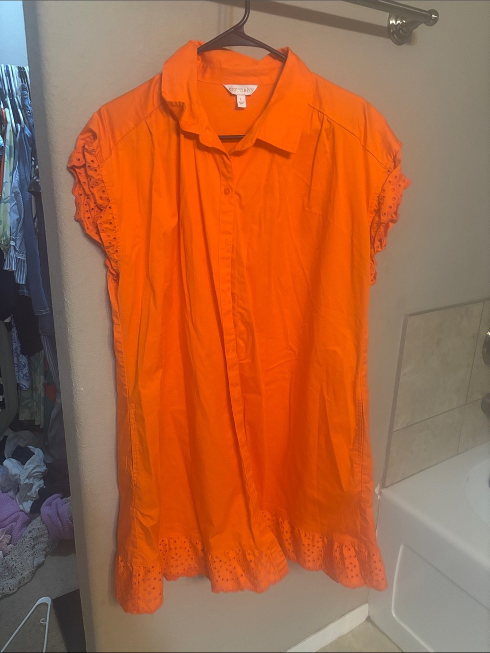 crown & ivy Bright Orange Eyelet-Trim Button Front Tunic